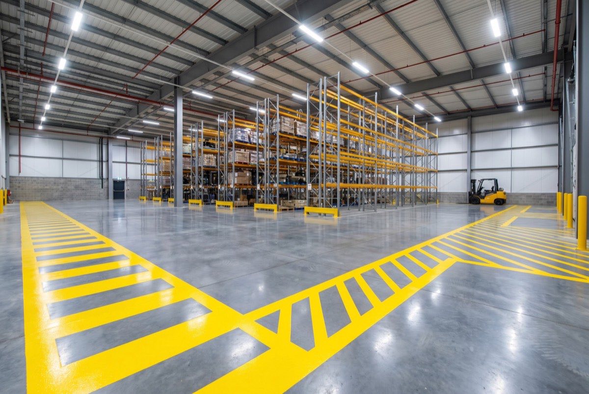 Warehouse interior with fresh yellow safety aisle and walkway striping on polished concrete